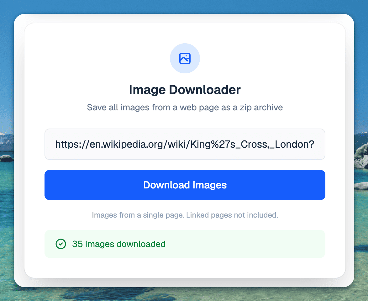 The Image Downloader after saving 35 images from a page