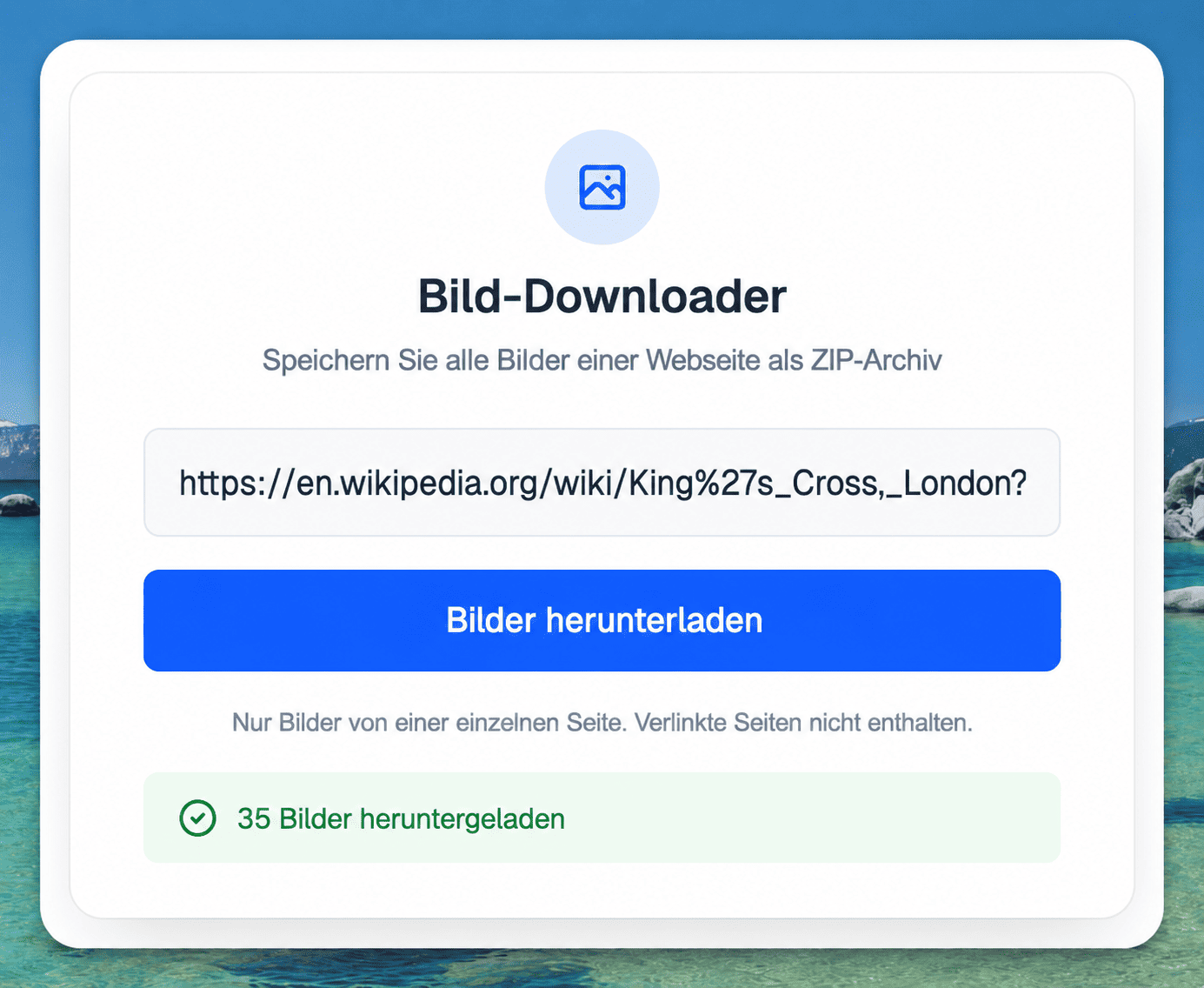 Der Bild-Downloader, nachdem 35 Bilder von einer Seite heruntergeladen wurden