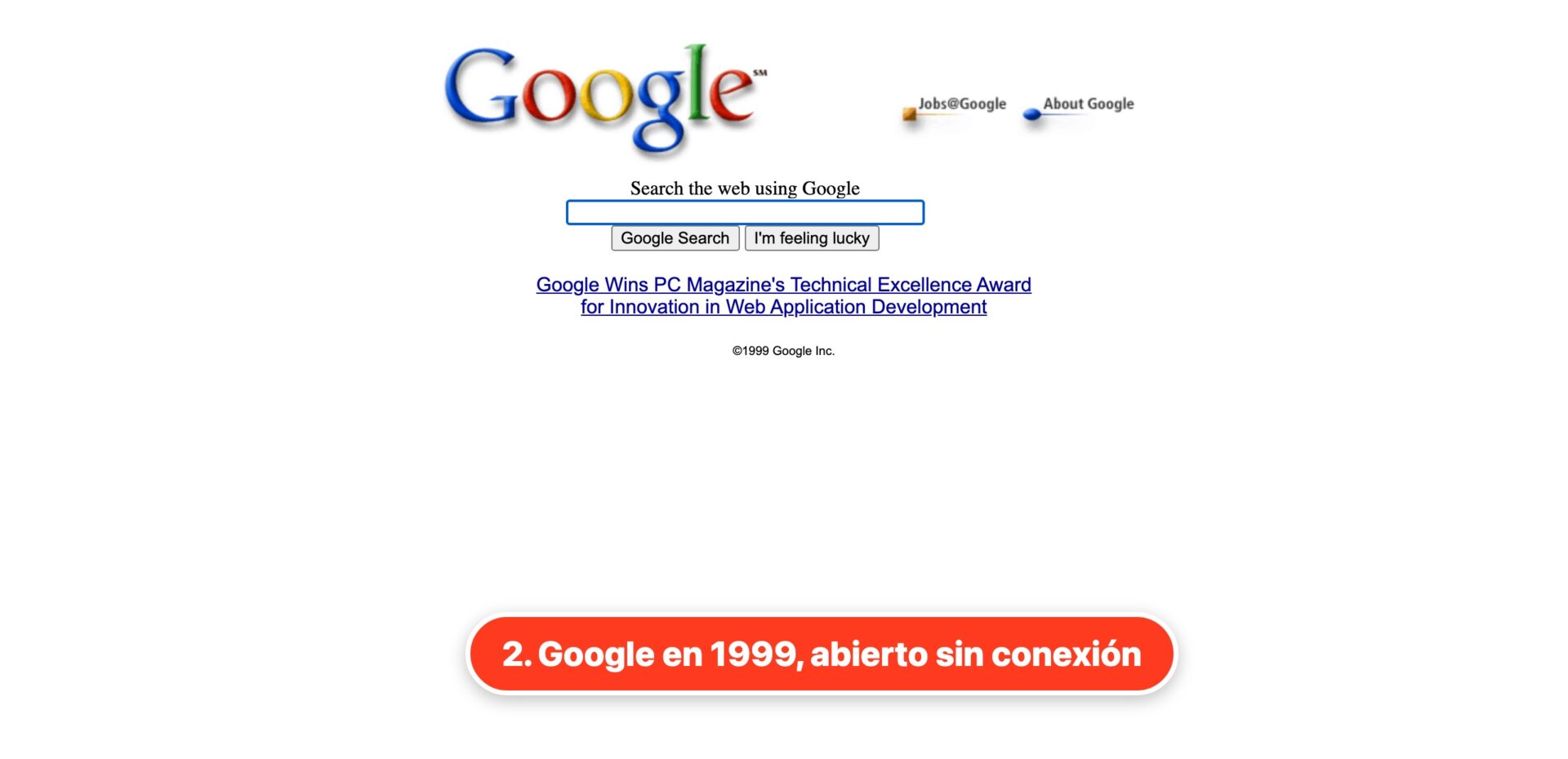 Una página de 1999 abierta desde el archivo descargado, sin la barra de Wayback Machine