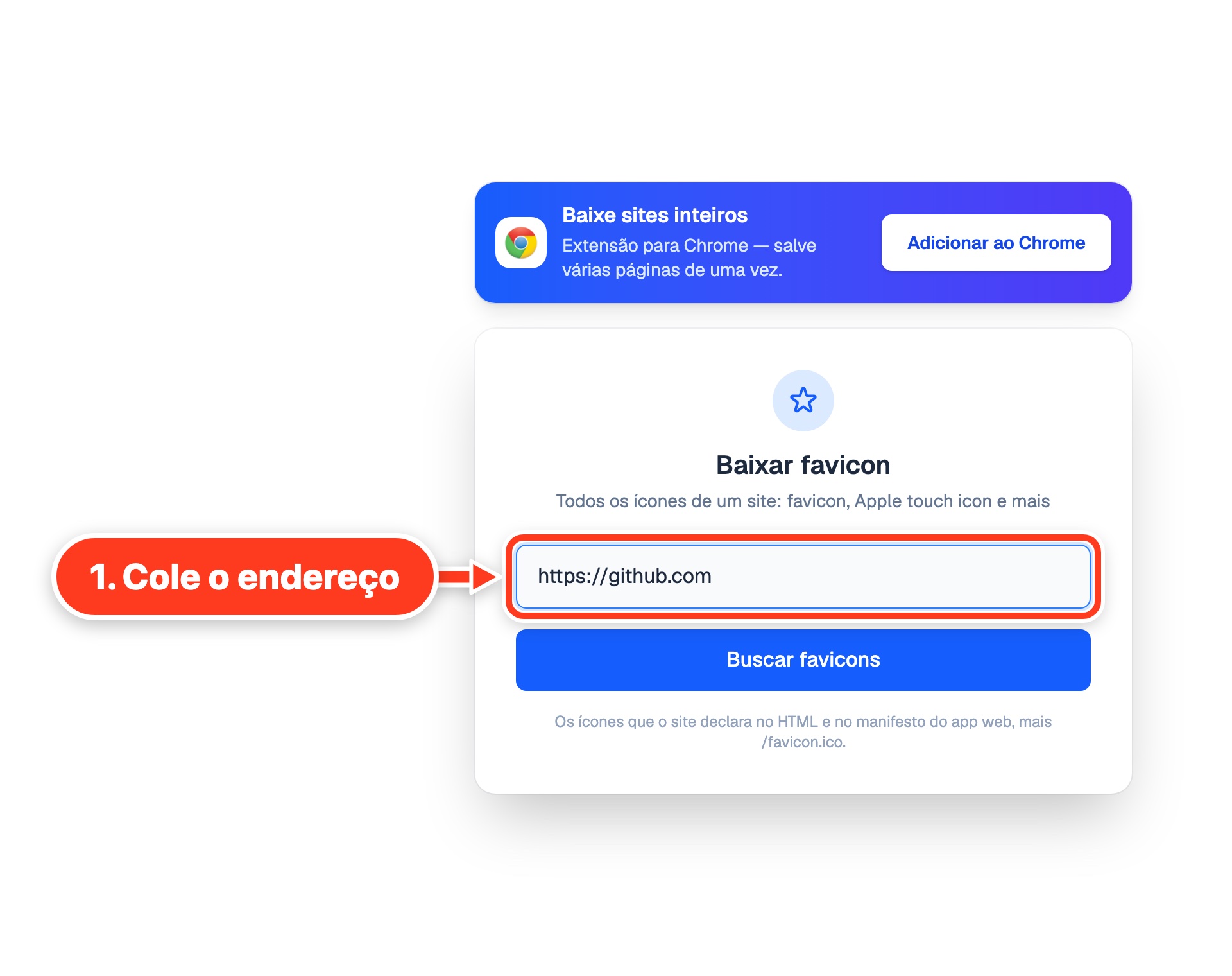 O baixador de favicons com github.com no campo de endereço