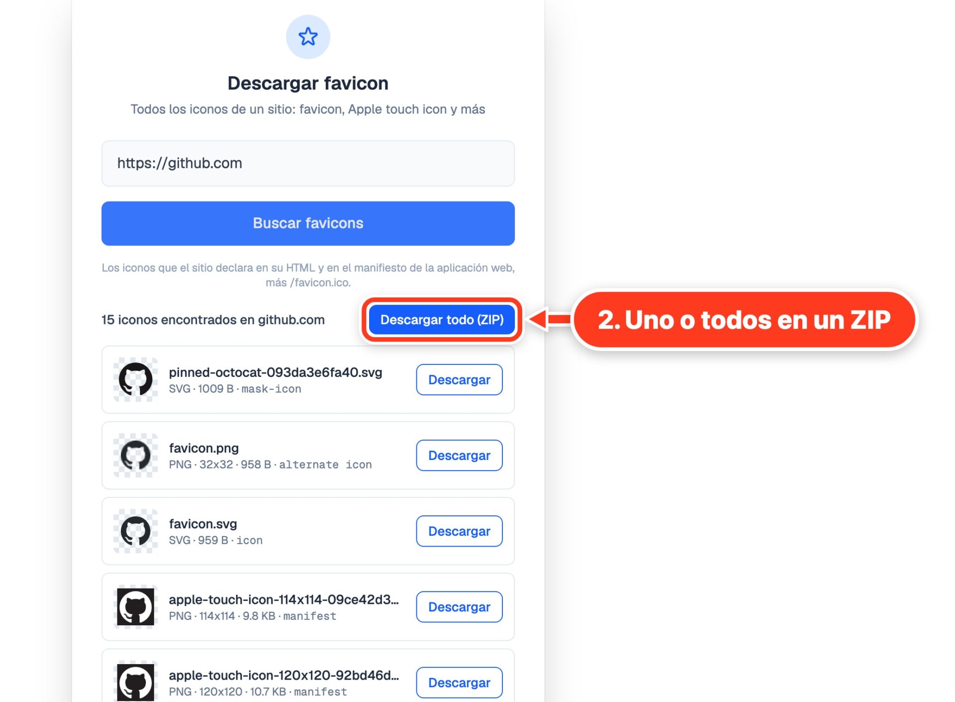 Quince iconos encontrados en github.com, cada uno con su botón de descarga, y la opción de descargar todo en ZIP