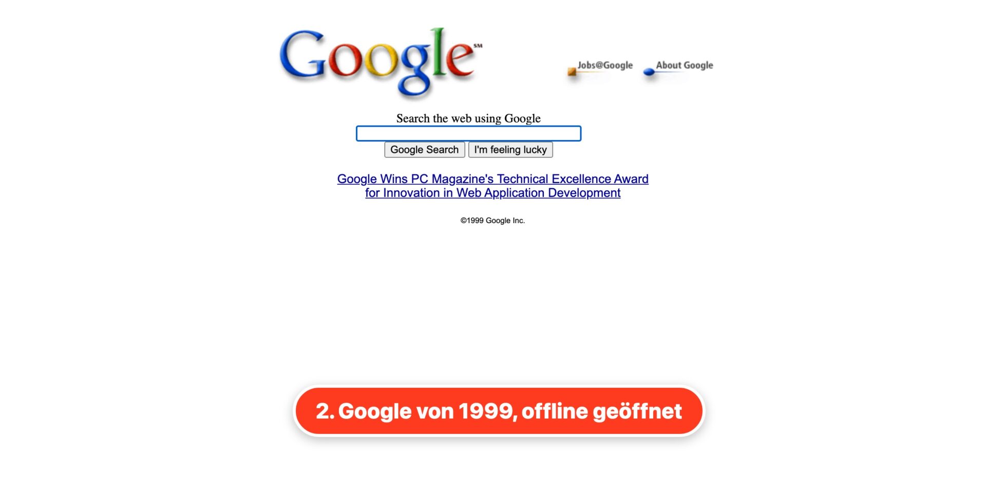 Eine Seite von 1999, aus der heruntergeladenen Datei geöffnet, ohne die Leiste der Wayback Machine