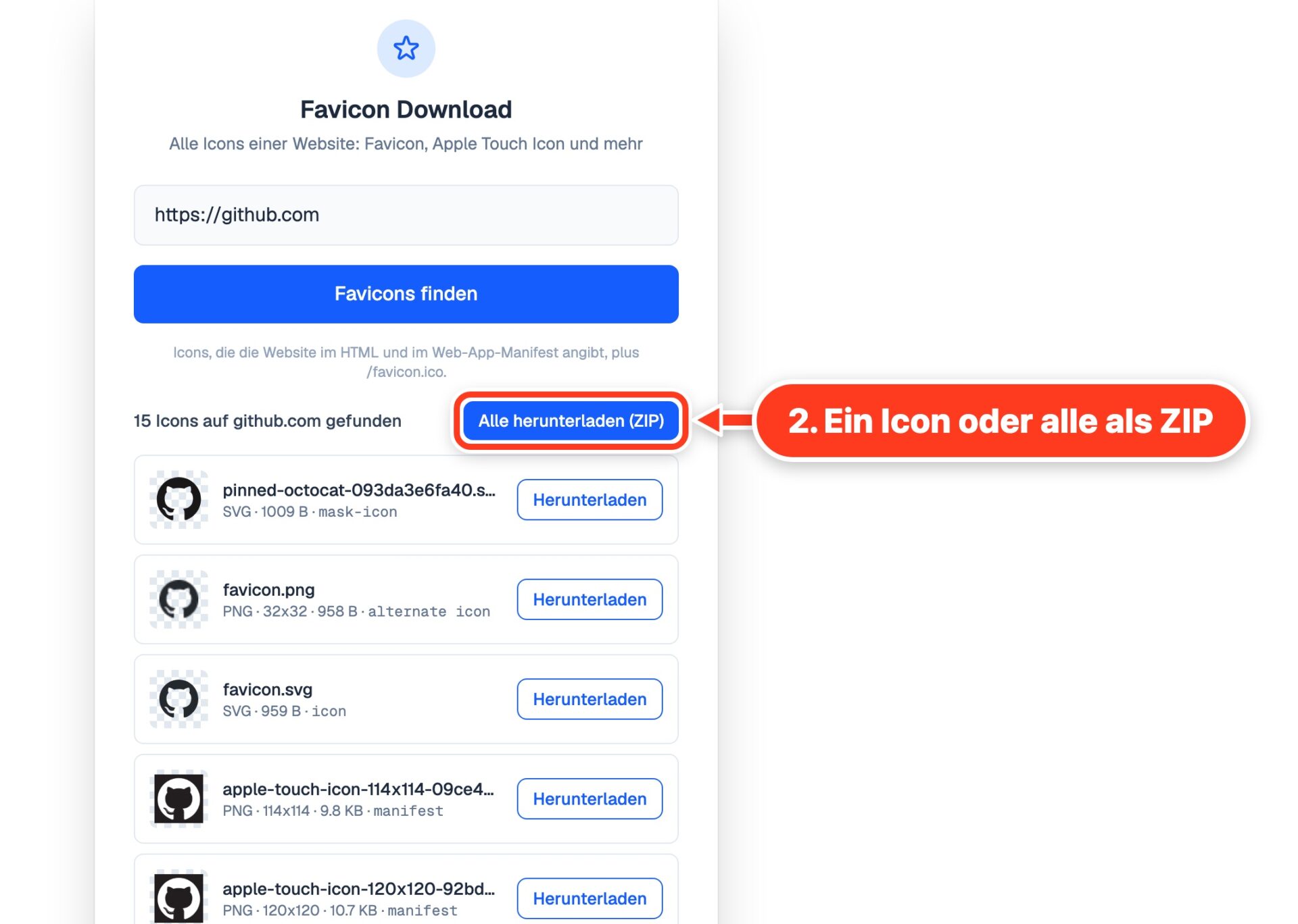 15 Icons auf github.com gefunden, jedes mit eigenem Download-Button, dazu alle als ZIP herunterladen