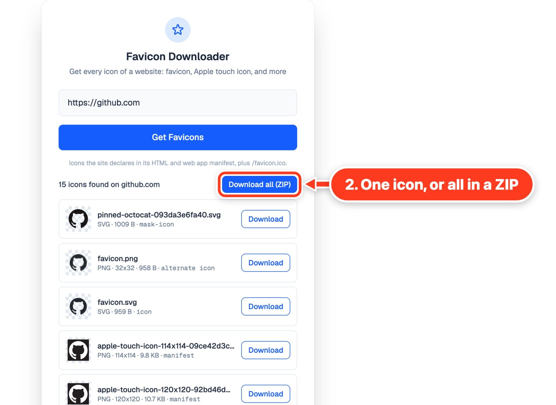 Fifteen icons found on github.com, each with a Download button, plus Download all as ZIP