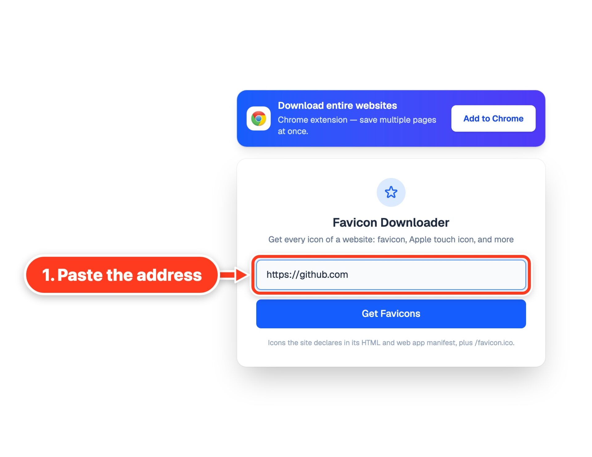 The Favicon Downloader with github.com pasted into the address field