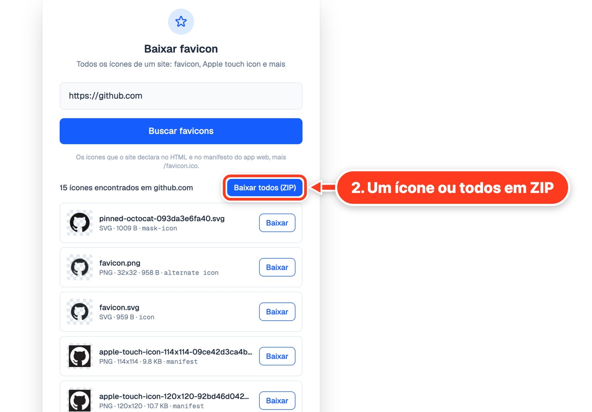 Quinze ícones encontrados no github.com, cada um com botão de download, e a opção de baixar todos em ZIP