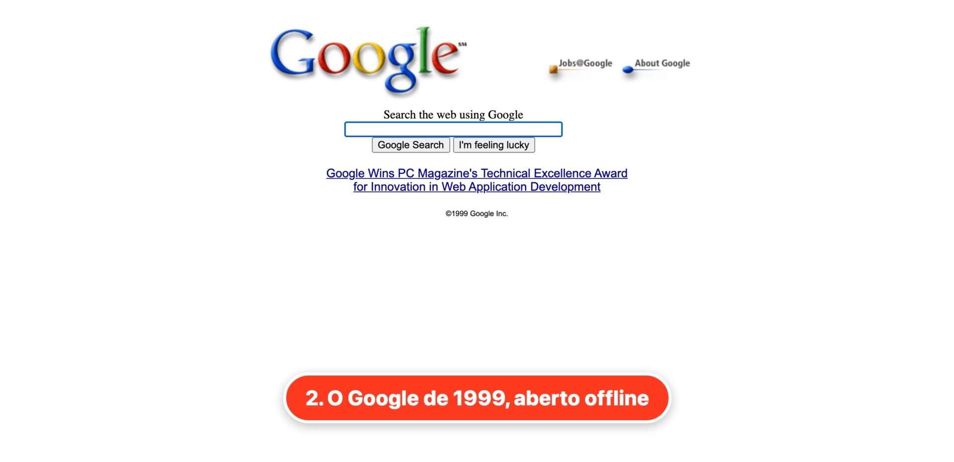 Uma página de 1999 aberta a partir do arquivo baixado, sem a barra do Wayback Machine