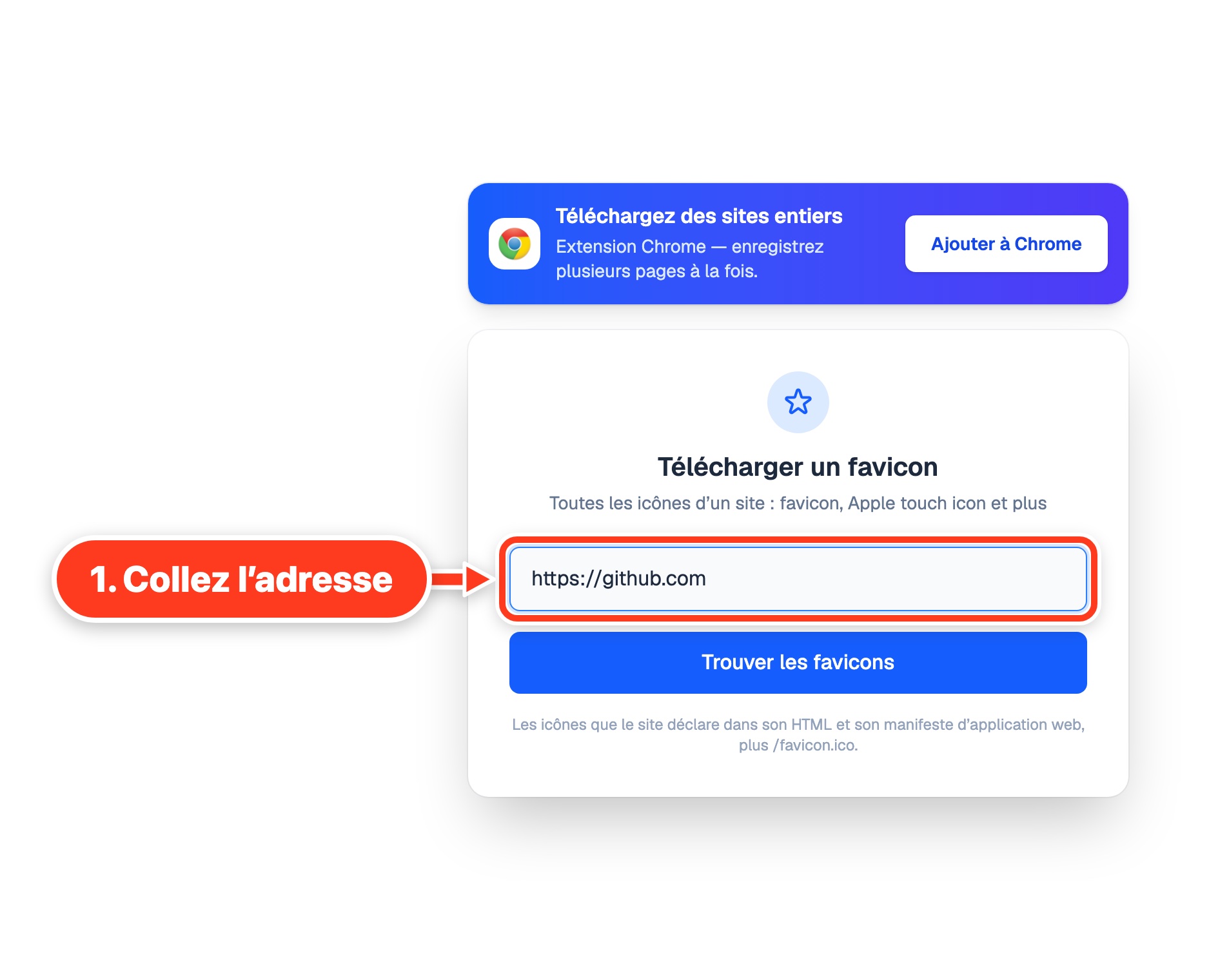 Le téléchargeur de favicons avec github.com dans le champ d’adresse