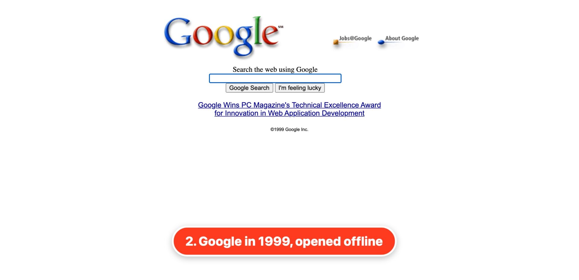 A page from 1999 opened from the downloaded file, without the Wayback Machine toolbar