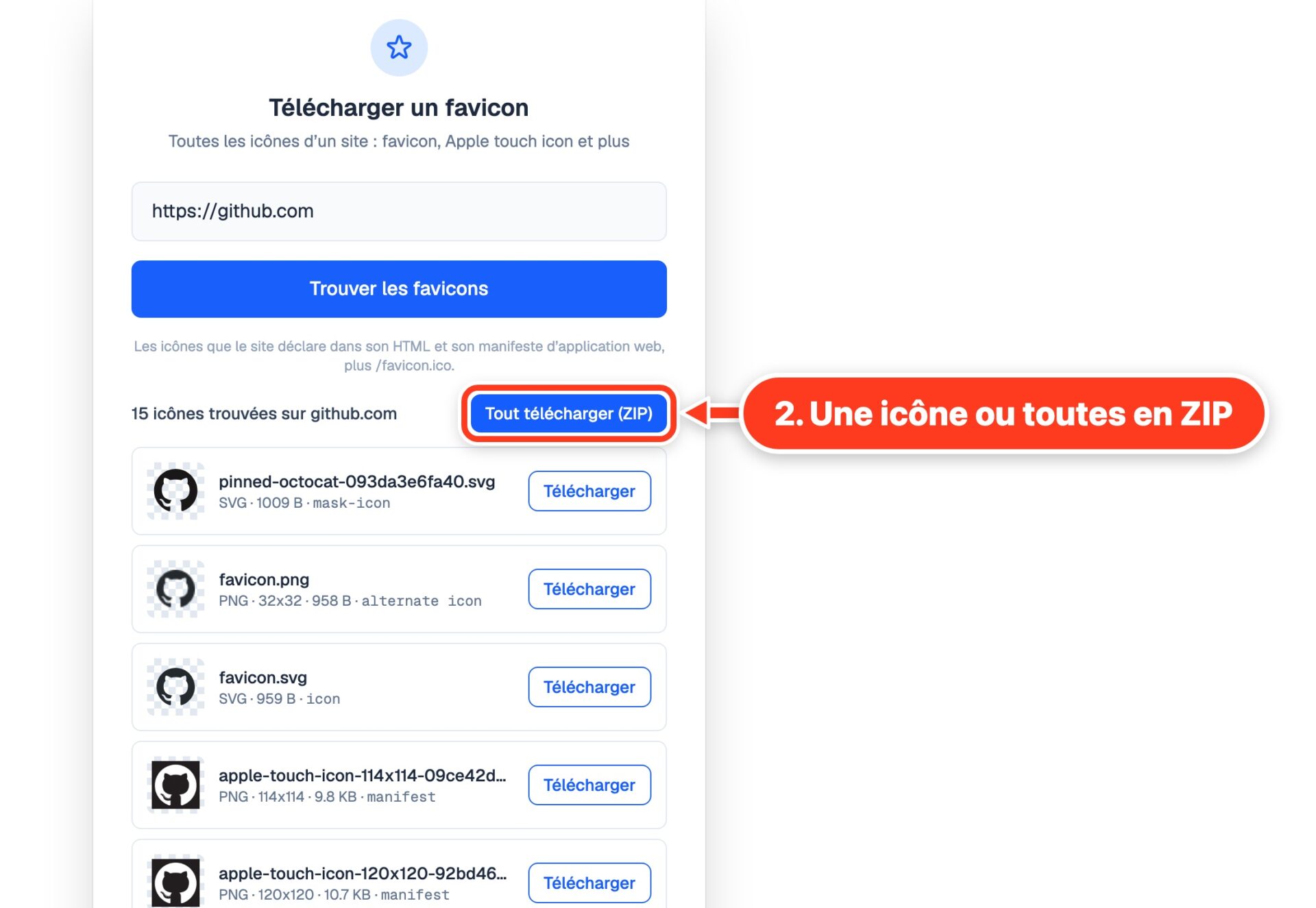 Quinze icônes trouvées sur github.com, chacune avec un bouton de téléchargement, plus Tout télécharger en ZIP